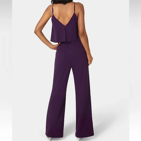 bebe V-neck & Spaghetti Straps Wide-Leg Jumpsuit in Eggplant - Picture 2 of 8